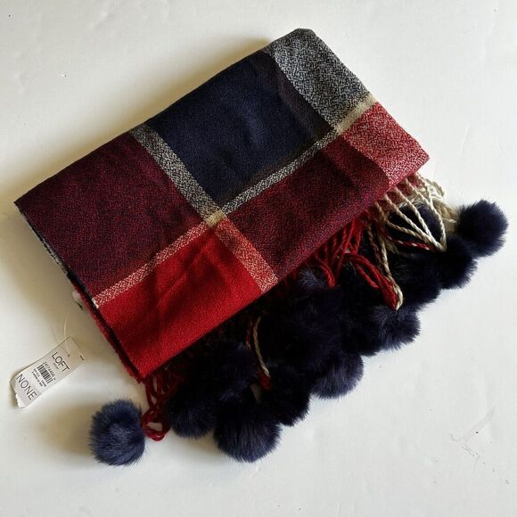 LOFT Outlet Plaid Scarf with Faux Fur Poms 79" X 28" Soft Red Navy Cream NWT - Picture 4 of 7